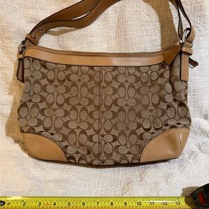 Coach Tan Signature Canvas Shoulder Bag with Leather Trim